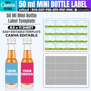 50ml Mini Wine Liquor Bottle Label Template – Editable Wedding Favor Tags – Canva Svg Pdf Png Psd Dxf Eps – Printable Mini Alcohol Labels