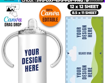 May include: A white 12 ounce sippy cup with two clear handles and a clear lid. The cup has the text "YOUR DESIGN HERE" printed in blue on the front. The cup is shown on a white background.