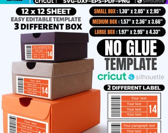 No Glue Shoe Box Template Bundle | Editable Label, 3 Sizes (svg, pdf, dxf, eps, png)