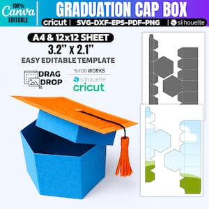 May include: A blue graduation cap box with an orange cap and tassel. The box is open, revealing the interior. The text on the image includes "Graduation Cap Box", "Easy Editable Template", and dimensions of 3.2" x 2.1".