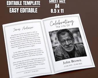 Minimal Funeral Program Template: Editable Memorial (Digital Download)