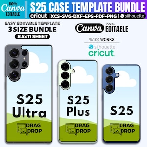 以下が含まれることがあります： S25 Ultra、S25 Plus、S25モデル用の携帯電話ケーステンプレートのバンドル。ケースは、下部に緑の風景がある空と雲のデザインが特徴です。「DRAG DROP」のテキストが含まれています。画像には「Canva Editable」と「Cricut」のテキストも含まれています。