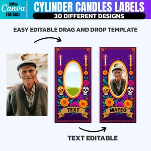 May include: A digital template for cylinder candle labels. The design features a purple background with floral and skull motifs, an oval frame, and space for text. The image includes the text "CYLINDER CANDLES LABELS" and "30 DIFFERENT DESIGNS".