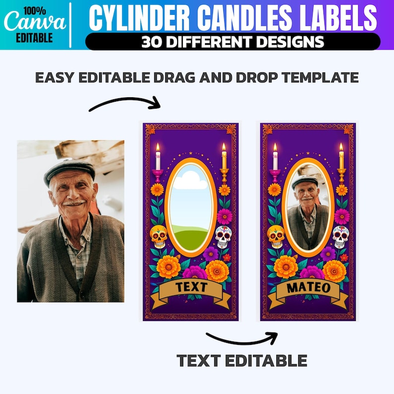 May include: A digital template for cylinder candle labels. The design features a purple background with floral and skull motifs, an oval frame, and space for text. The image includes the text "CYLINDER CANDLES LABELS" and "30 DIFFERENT DESIGNS".