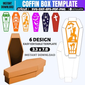 May include: A digital template for coffin boxes with six unique designs, including a skeleton, bats, and a haunted house. The template is 3.3 x 7.8 inches and is available for instant download. The design is compatible with Cricut and Silhouette machines.