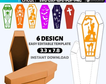 Halloween Coffin Box Template: 6 Designs (SVG, PDF, PNG Digital Download) 3.3x7.8"