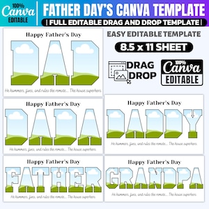Può includere: Un modello Canva per la festa del papà, con le parole "DAD", "DADA", "DADDY", "FATHER" e "GRANDPA" in grassetto. Ogni parola ha un paesaggio all'interno delle lettere. Il modello è facile da modificare e include il testo "Happy Father's Day".