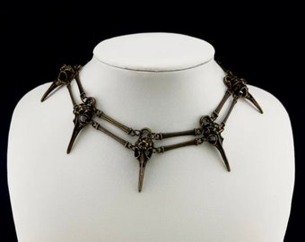 Bird Skull necklace, Goth Choker, SteamPunk, Vintage Pendant, Raven Skull Necklace, Goth Jewellery