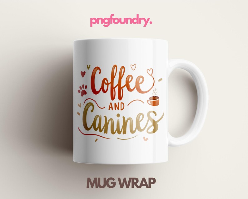 May include: White ceramic coffee mug with a brown and gold design that says "Coffee and Canines".