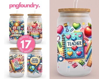 Teacher Appreciation Glass Can Wrap Bundle: School Tumbler PNG 16oz (Digital Download)