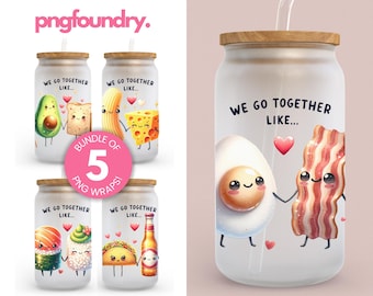 Kawaii Food Couple Glass Can Wrap Bundle: Valentine&#39;s Day Sublimation 16oz (PNG Digital Download)
