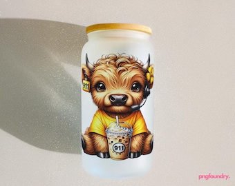 911 Dispatch Highland Cow Glass Can Wrap: Sublimation Design 16oz (Digital Download)