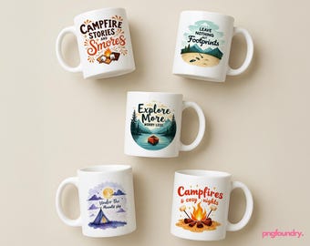 Camping Mug PNG Wrap Bundle: Rustic Coffee Mug Sublimation (11oz 12oz 15oz Digital Download)