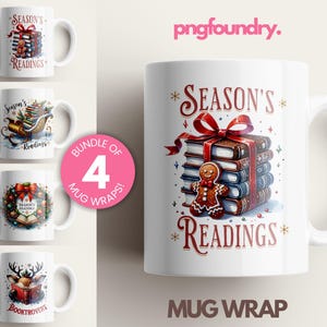 Bookish Christmas Mug Wrap Bundle: Seasons Readings Sublimation PNG (11oz-15oz Digital Download)