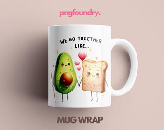 Kawaii Couple Mug Wrap, Cute Couple Mug Sublimation Designs, Valentines Mug PNG, 11oz 15oz 12oz Avocado and Toast Coffee Cup PNG