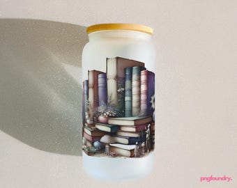Opakowanie na puszkę ze szkła Book Lover: wzór półki na książki, 16 uncji, sublimacja PNG (pobranie cyfrowe)