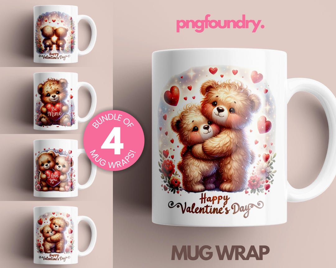 Valentine Bear Mug Wrap Bundle: Teddy Bear PNG Designs 11oz 12oz 15oz ...