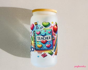 Teacher Appreciation 16oz Glass Tumbler Wrap PNG: School Design (Digital Download)