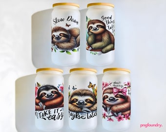 Sloth Glass Can Wrap PNG Bundle: Inspirational Tumbler Sublimation 16oz (Digital Download)