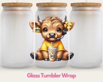 911 Dispatch Highland Cow Glass Can Wrap, Dispatcher Sublimation 911 Operator Gift, 9-1-1 Dispatcher Appreciation Sublimation 16oz UV DTF