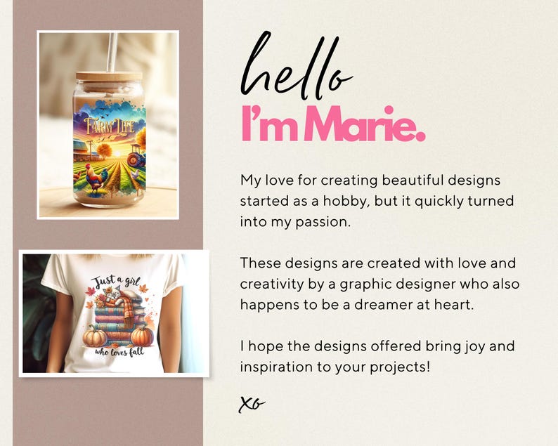 May include: Two designs featuring fall-themed graphics. The first design is a white tumbler with a brown lid and a straw. The tumbler has a watercolor-style graphic of a tractor driving through a field with the text "Farm Life". The second design is a white t-shirt with a graphic of a girl reading a book on a stack of books with the text "Just a girl who loves fall".