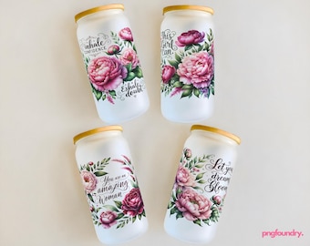 Peony Flower Glass Can Wrap Bundle: Inspirational PNG 16oz (Digital Download)