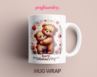 Valentine Teddy Bear Mug Wrap, Cute Bear Mug Sublimation Designs, Valentines Day Wrap, 11oz 15oz 12oz Bear Hug Wrap Coffee Cup PNG