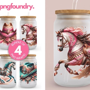 Cowgirl Horse PNG Glass Can Wrap Bundle, Western Glass Tumbler PNG, Horse Cup Wrap, Country Girl 16oz Sublimation UV Dtf