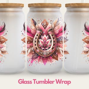Western Glass Can Wrap, Pink Horseshoe Country Glass Can PNG, Boho Cowhide PNG, Country Girl PNG
