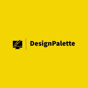 Puede incluir: Un fondo amarillo con las palabras "DesignPalette" en texto negro. A la izquierda del texto hay un icono negro de un monitor de ordenador con un pincel. El diseño es sencillo y moderno.