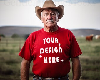 Maqueta Gildan 5000 Maqueta de camiseta roja Maqueta de Gildan Paquete Maqueta de vaquero viejo Maqueta de hombres de campo Maqueta occidental Maqueta de camisa roja Maqueta del abuelo