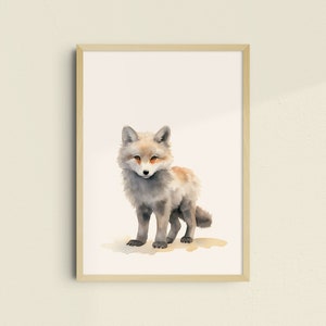 May include: A watercolor painting of a gray fox with orange accents. The fox is standing on a white background and looking directly at the viewer.