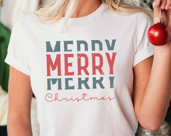 Joyeux tee-shirt de Noël, chemise joyeuse, chemise d’hiver, chemises de Père Noël, femmes cadeaux de Noël, chemise de Noël mignonne, chemise pour femmes mignonnes, t-shirt de vacances