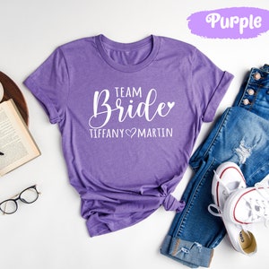 Chemises de la mariée de l'équipe, chemise de la mariée, t-shirts escouade de la mariée, t-shirts EVJF, t-shirts EVJF, t-shirt de soirée nuptiale, t-shirt de fête de mariage Heather Team Purple