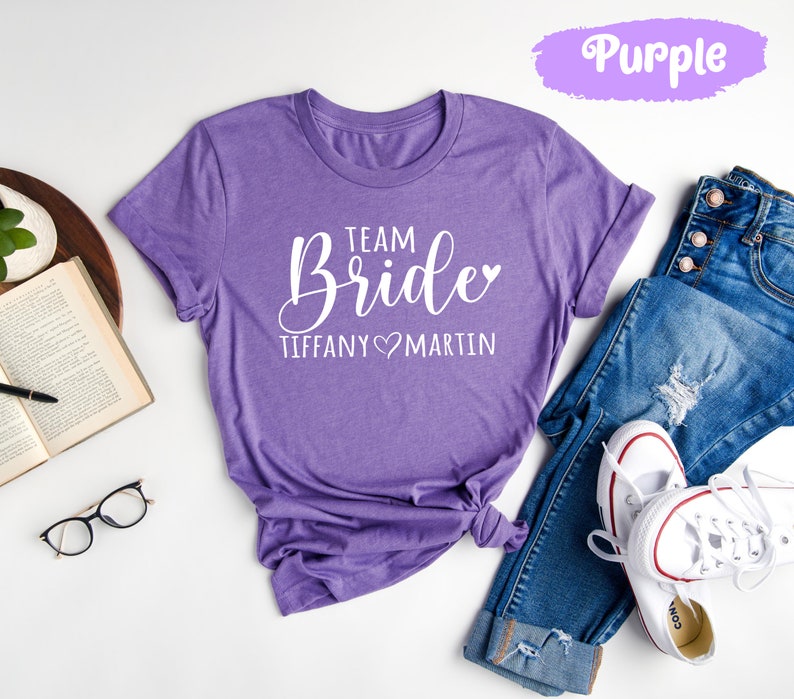 Chemises de la mariée de l'équipe, chemise de la mariée, t-shirts escouade de la mariée, t-shirts EVJF, t-shirts EVJF, t-shirt de soirée nuptiale, t-shirt de fête de mariage Heather Team Purple