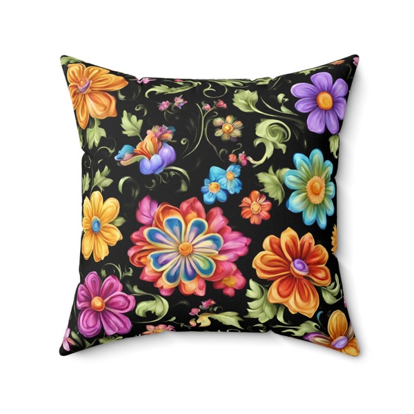 Spun Polyester Square Pillow - Color flowers design