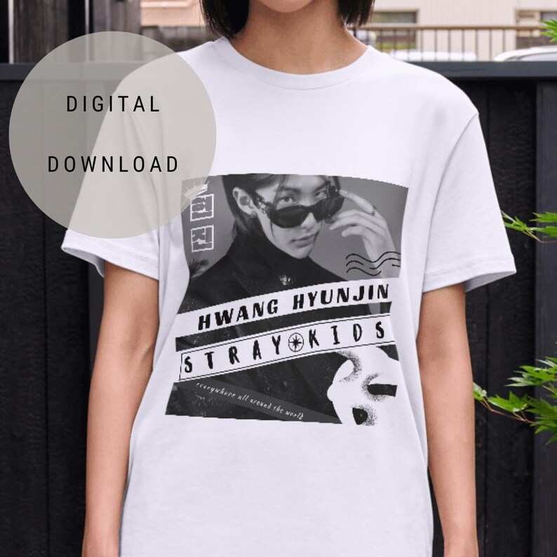 May include: White t-shirt featuring a black and white graphic print of a person wearing sunglasses and the text "HWANG HYUNJIN STRAY KIDS everywhere all around the world".