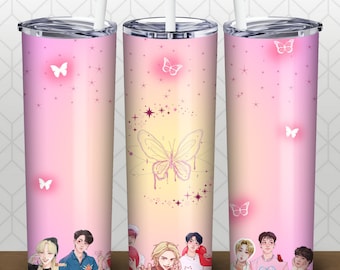 May include: Three pink and yellow gradient stainless steel tumblers with a butterfly design and a group of cartoon characters at the bottom. The tumblers have white straws.