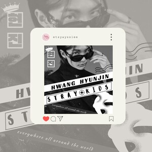 May include: A black and white Instagram post featuring a photo of a man wearing sunglasses and a black jacket. The text "HWANG HYUNJIN STRAY KIDS" is written in bold white letters on a black background. The text "everywhere all around the world" is written in smaller white letters below the band name.