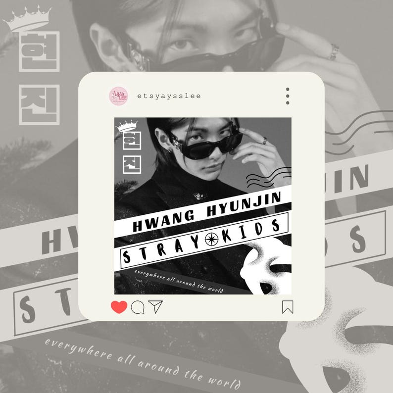 May include: A black and white Instagram post featuring a photo of a man wearing sunglasses and a black jacket. The text "HWANG HYUNJIN STRAY KIDS" is written in bold white letters on a black background. The text "everywhere all around the world" is written in smaller white letters below the band name.