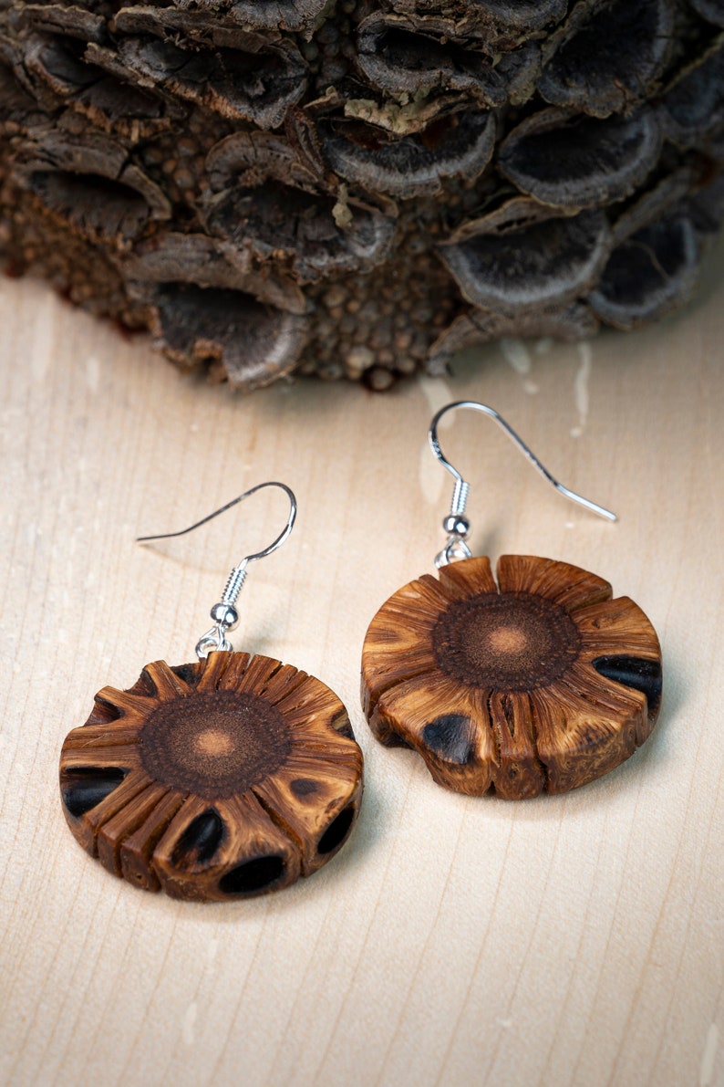 Banksia wooden earrings handmade with fascinating grain image 1