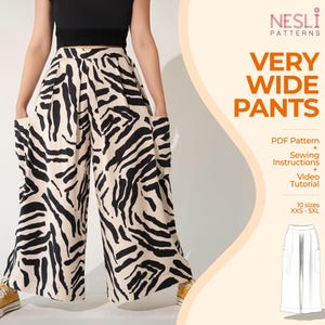 Very Wide Pants PDF Sewing Pattern XXS-5XL | Elastic Waist, Big Pockets | PDF Patterns, Step-by-Step Sewing Instructions & Video Tutorial
