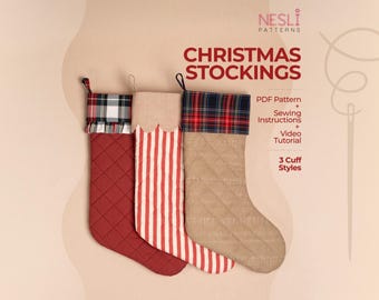 Christmas Stocking Sewing Pattern PDF, Quilted Lined Holiday Decor, 3 Cuff Styles, Video Tutorial