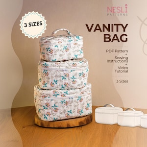 Quilted Vanity Bag Sewing Pattern – 3 Sizes Cosmetic Toiletry Travel Pouch PDF (Video Tutorial)