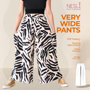 Pantaloni molto larghi in PDF, cartamodello XXS-5XL / Vita elastica, tasche grandi / Cartamodello PDF, istruzioni di cucito passo passo e tutorial video