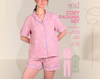 Patrón de costura para conjunto de pijama: manga larga y corta, tallas XXS-5XL (patrón en PDF)