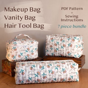 Makeup, Vanity, and Hair Tool Bags Sewing Patterns Bundle + Video Tutorials | 7 Pieces | A Complete Set of 3 Distinct Bags