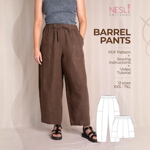 May include: Brown barrel pants with an elastic waistband and drawstring, featuring side pockets and a wide-leg silhouette. The image includes text reading NESLI PATTERNS, BARREL PANTS, PDF Pattern, Sewing Instructions, Video Tutorial, and 12 sizes XXS-7XL.