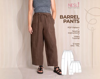 Beginner Barrel Pants Sewing Pattern, +Shorts Version, Sizes XXS-7XL (PDF + Video Tutorial)
