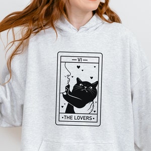 Sweat à capuche chat noir The Lovers Sweat surdimensionné Tarot chat cadeau pour chat dames cadeau d'anniversaire chat maman sorcière sweat à capuche Crazy Cat Lady cadeau de Noël